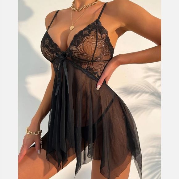 Women Sexy Lingerie Lace Mesh Bow Slips Babydoll Sleepwear Dress With Thong US - Picture 4 of 5